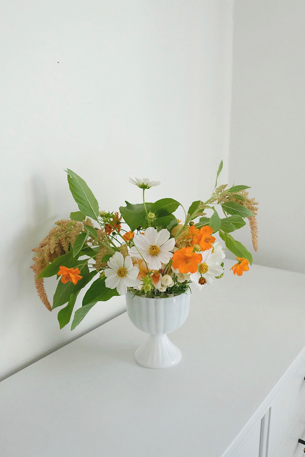 milk glass compote vase with glass flower frog