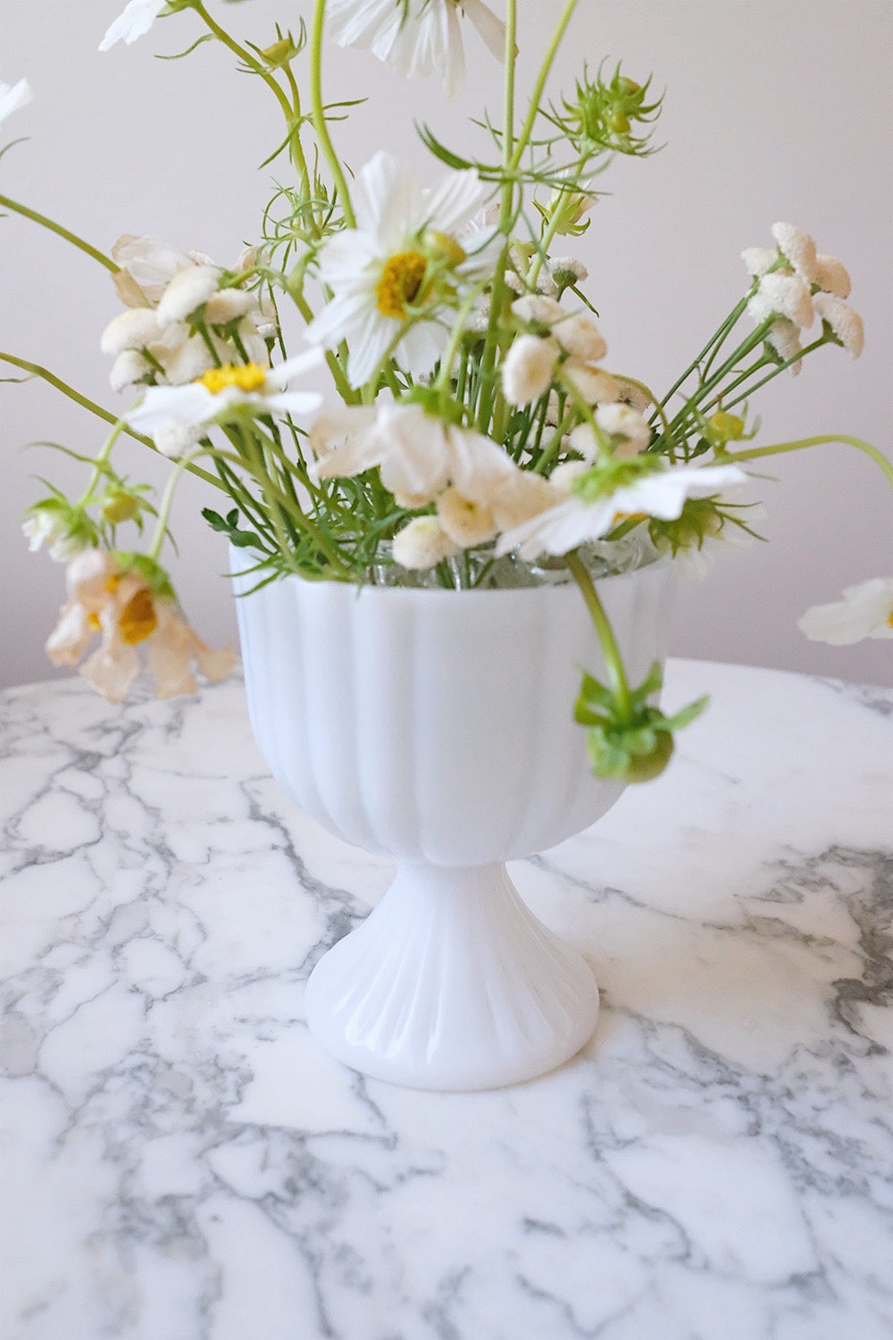 milk glass compote vase with glass flower frog