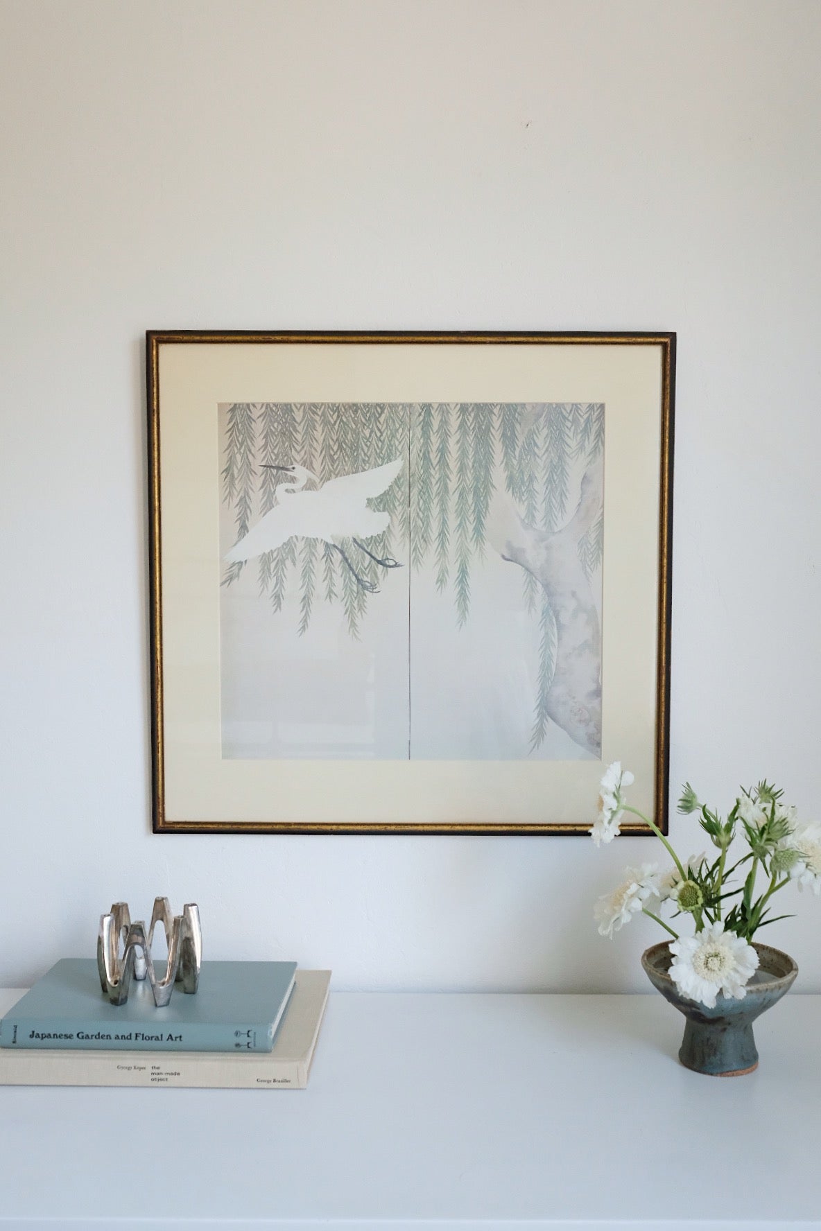 "white crane and willow tree"