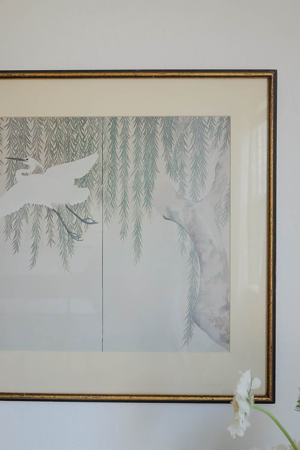 "white crane and willow tree"