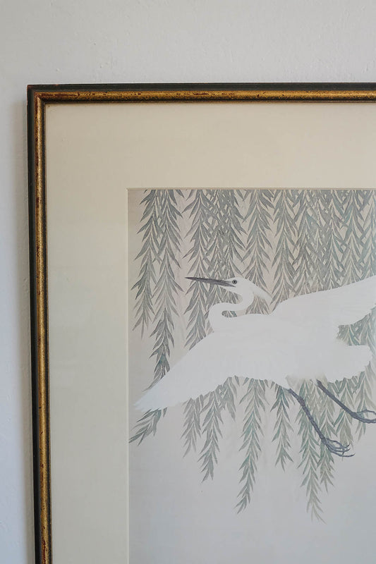 "white crane and willow tree"