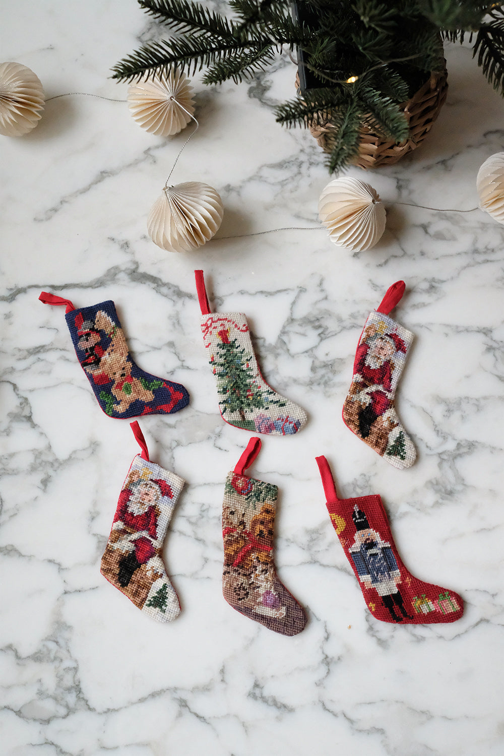 mini needlepoint stocking ornaments - set of 6