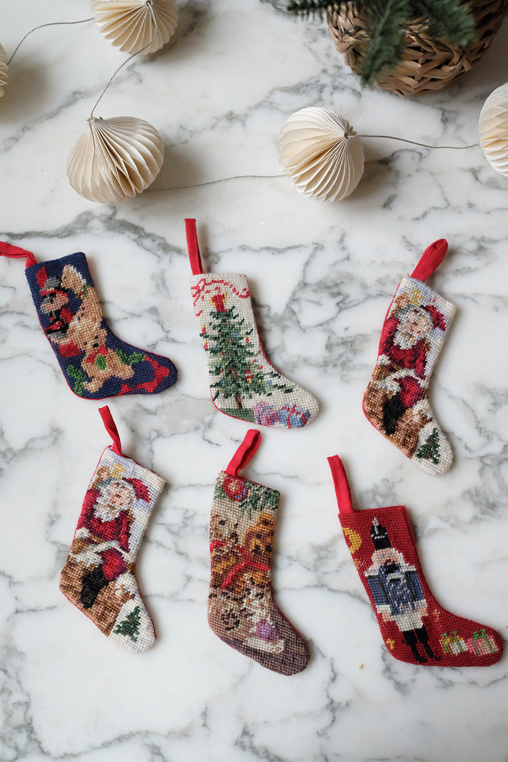 mini needlepoint stocking ornaments - set of 6
