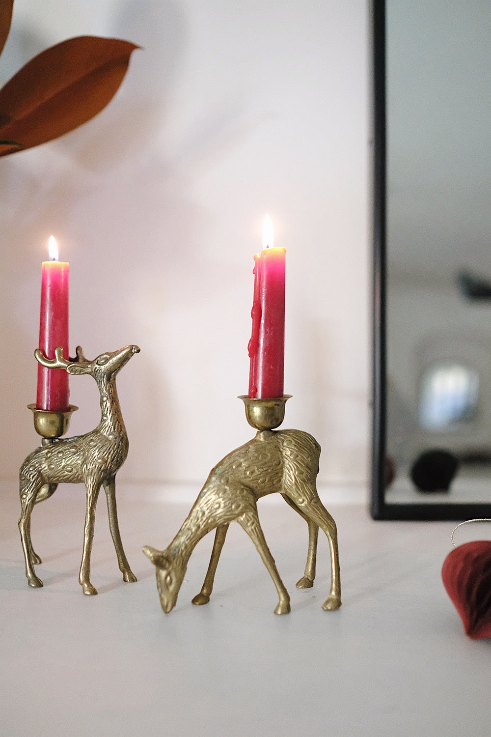 brass reindeer candlesticks - set of 2