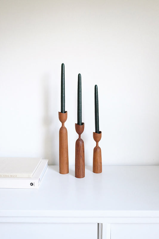 midcentury teak candlesticks - set of 3