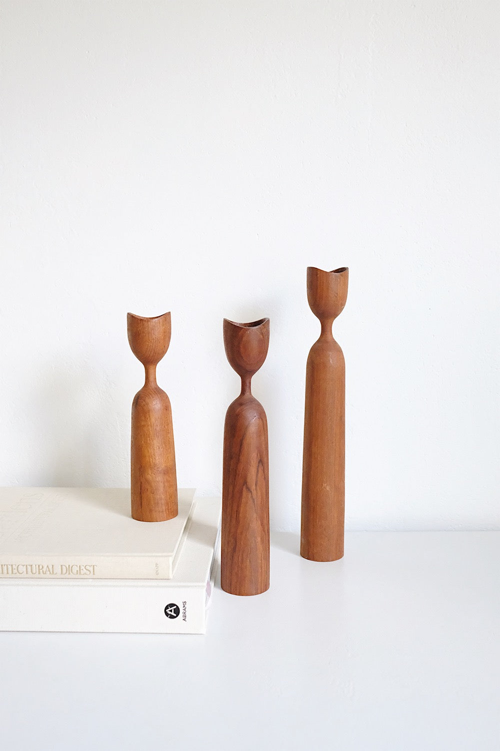 midcentury teak candlesticks - set of 3