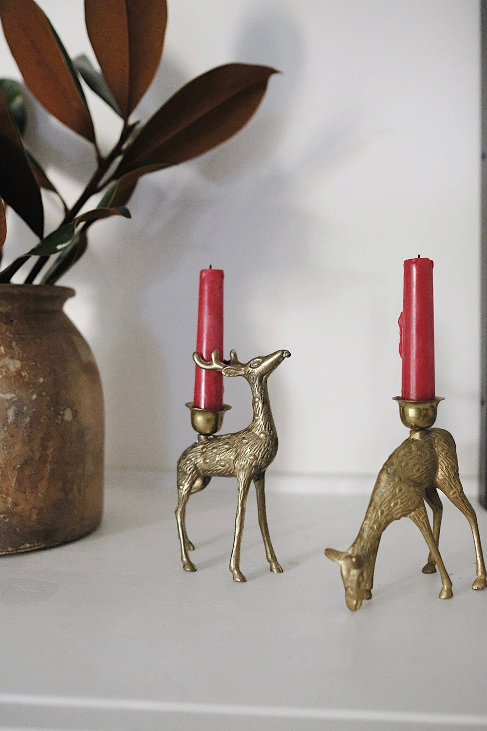 brass reindeer candlesticks - set of 2