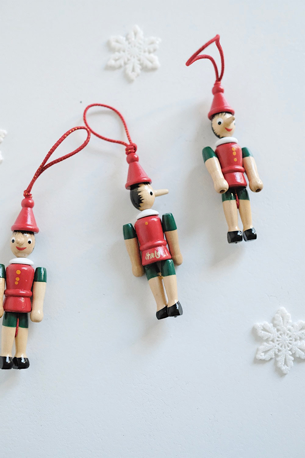 wooden pinocchio ornaments - set of 3