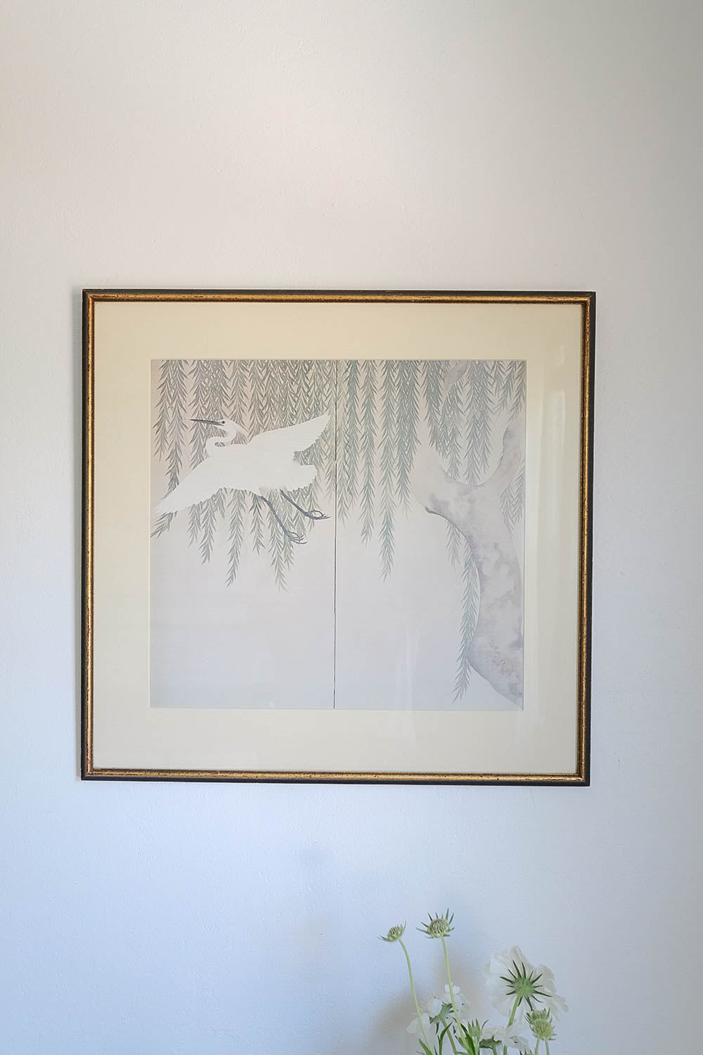 "white crane and willow tree"