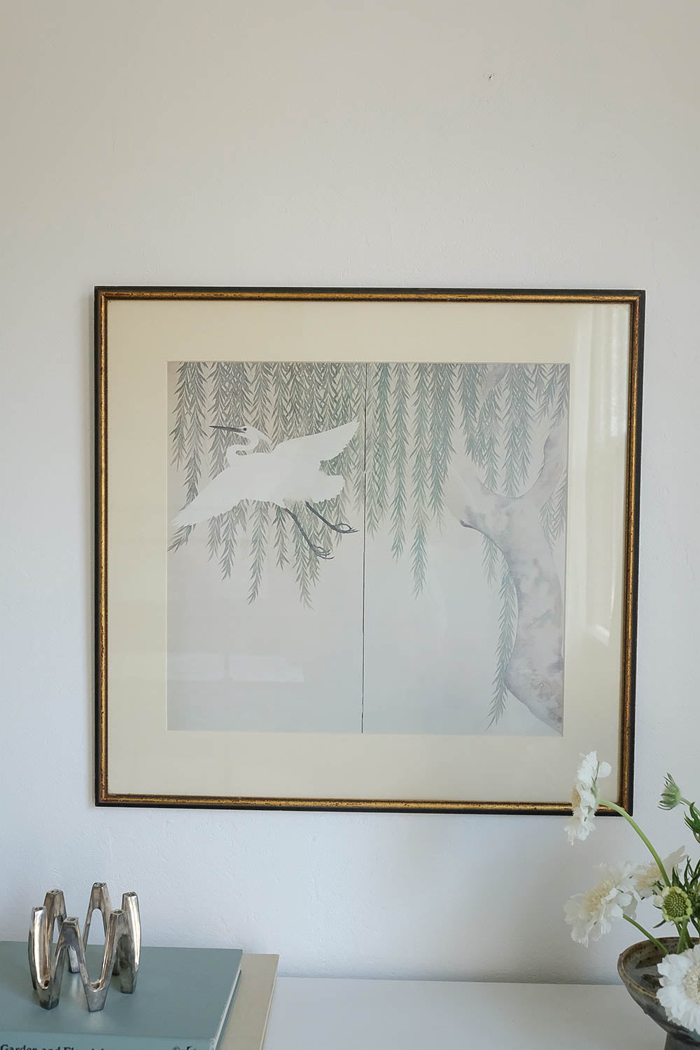 "white crane and willow tree"