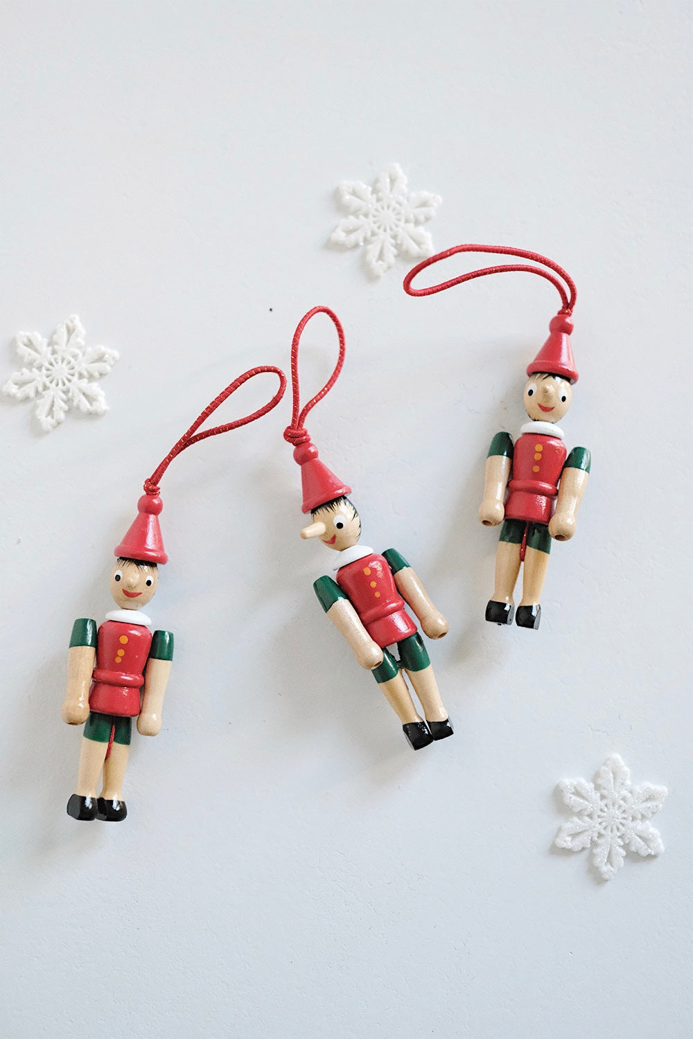 wooden pinocchio ornaments - set of 3