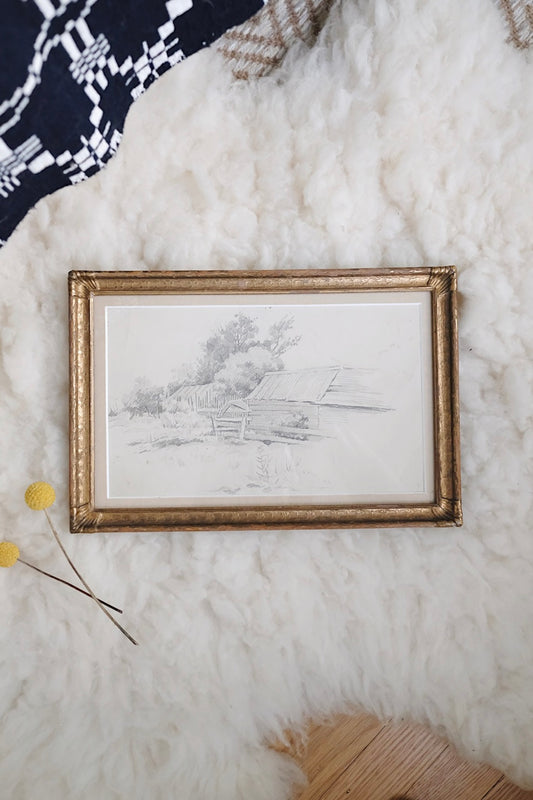 antique framed farm drawing